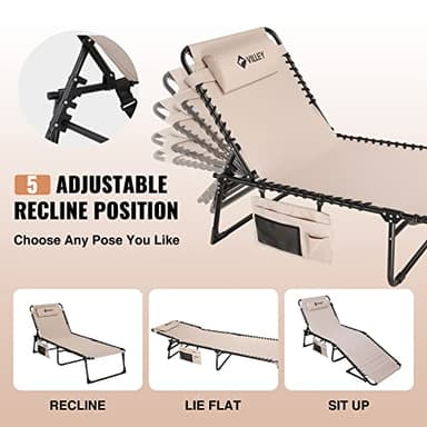 VILLEY Oversize Chaise Lounge Outdoor, Heavy-Duty Folding Lounge Chair for Outside, Portable Trifold Beach Lounger with 5 Adjustable Positions for Outdoor, Patio, Beach, Lawn, Backyard, Camping -Beige - Image 4