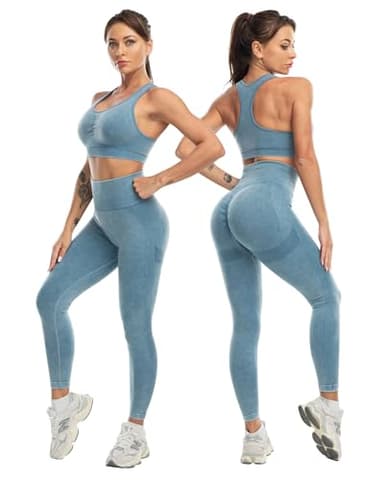 SALSPOR 3 Piece Workout Sets for Women Butt Lifting Leggings with High Impact Sports Bra Gym Shorts Activewear Matching Set(3DWX-Washed Blue-M) - Image 3