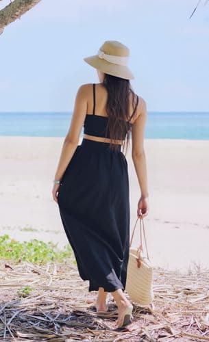 Women Sexy 2 Piece Outfits Dress Chiffon Strap Deep V Neck Bra Crop Top High Split Maxi Dresses Skirt Set Swimwear Cover Ups Black Large - Image 6