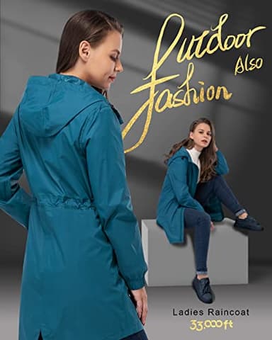 33,000ft Women's Waterproof Long Rain Coats Packable Rain Jacket with Hood Trench Coats Windbreaker - Image 4