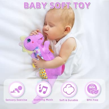 Baby Dino Musical Stuffed Animal Toys for 0-3-6-9-12 Months，Infant Dinosaur Tummy Time Toys with Crinkle Sound Paper，Teether，Textures & Rattles for Newborn Boys Girls Birthday Gifts，Purple - Image 5