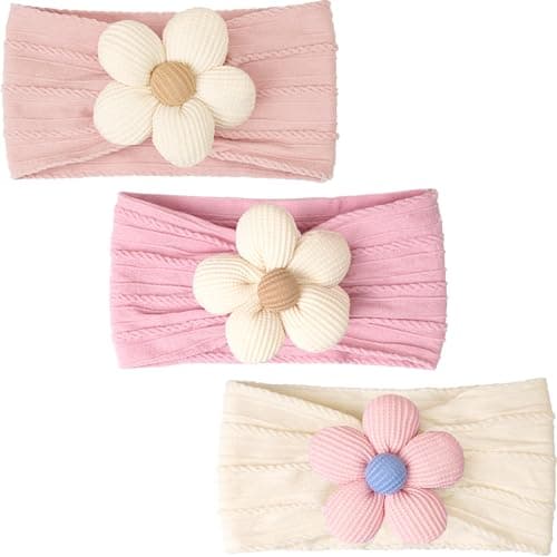 CÉLLOT 3 Pcs Baby Girl Headbands with Flower Nylon Headbands Soft Stretchy Headwear Hair Accessories for Newborn Infant Toddler Kids (Pink Beige Salmon) - Image 1