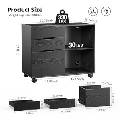 DUMOS Lateral File Cabinet with 3 Drawers Rolling Filing Cabinets Under Desk Storage Printer Stand Wood Organizer with Wheels Adjustable Shelf for Office Home Small Space, Black - Image 3