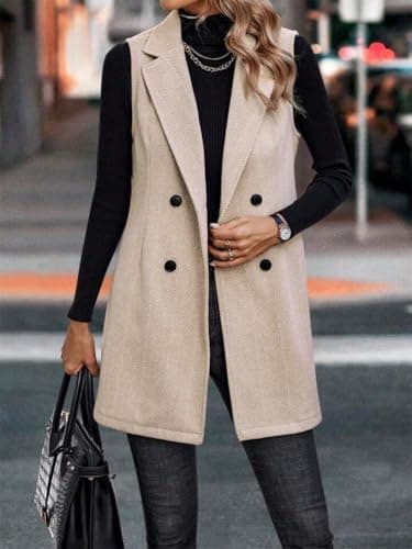 IDEALSANXUN Long Vest for Women Sleeveless Tweed Blazer Jackets 2025 Fall Winter Outerwear Trench Coat Sweater Cardigan Tops, Beige, M - Image 3