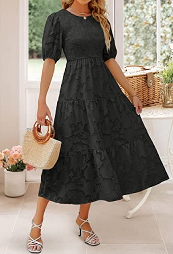 ZESICA Women's 2025 Summer Short Puff Sleeve Crewneck Smocked Floral Lace Flowy A Line Tiered Maxi Dresses,Black,XX-Large - Image 8