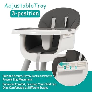 Convertible Baby 6-in-1 High Chair, for Children 6-36 Months with Safety Harness, Removable Tray & PU Cushion, Gray - Image 6