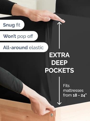 Extra Deep Queen Fitted Sheet - Hotel Luxury Single Fitted Sheet Only - Easily Fits 18 inch to 24 inch Mattress - Ultra Soft, Wrinkle Free w/Extra Deep Pockets - Easy-Care, Breathable & Comfy - Black - Image 2