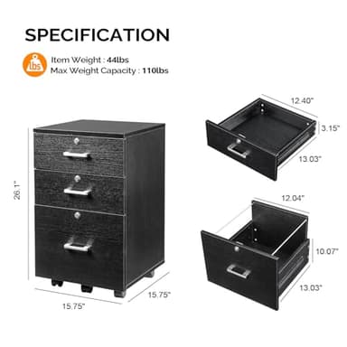 VINGLI 3-Drawer File Cabinet with Lock, Wood Rolling Filing Cabinets for Home Office, Mobile Printer Stand, Under Desk File Organizer for Letter Sized Files, 26" H(Caster Included), Black - Image 3