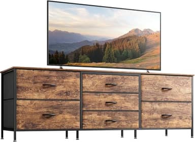 Huuger Dresser for Bedroom, 63 Inch TV Stand for 55, 65, 70 Inch TV, Long Fabric Dresser with 7 Drawers, Chest of Drawers for Storage, Closet, Clothing, Rustic Brown - Image 1