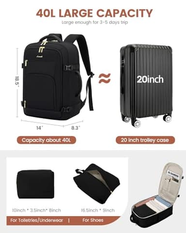 LOVEVOOK Carry On Travel Backpack For Women Men Flight Approved, 40L Personal Item Backpack for Airplanes, Business Weekender Overnight Daypack Fits 17 Inch Laptop, With 2 Packing Cubes, Black - Image 3