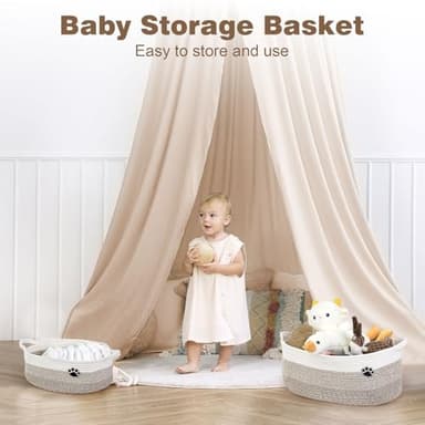 Optish Dog Toy Basket, Toy Box and Bin for Dog Cat Storage, 19.7" X 11" X 7.9" (30L) Large Woven Rope Basket for Blanket Storage, Living Room, Bedroom, White & Brown - Image 4