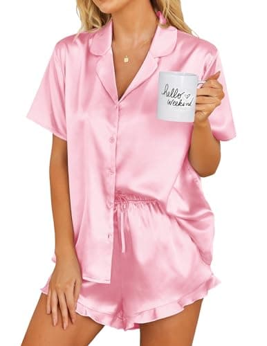 Ekouaer Womens Satin Pajamas Set Button Down 2 Piece Silk Pjs Shorts Set Ruffle Lingerie Notch Collar Sleepwear Pink M - Image 1