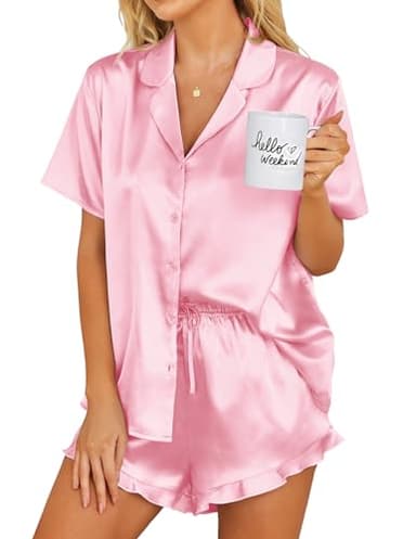 Ekouaer Womens Satin Pajamas Set Button Down 2 Piece Silk Pjs Shorts Set Ruffle Lingerie Notch Collar Sleepwear Pink M - Image 1