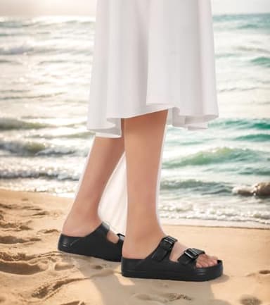 Womens Black Platform Sandals with Arch Support, Adjustable Double Buckle EVA Slides, Comfort Lightweight Ultra Cushion Wedge Sandal - Image 2