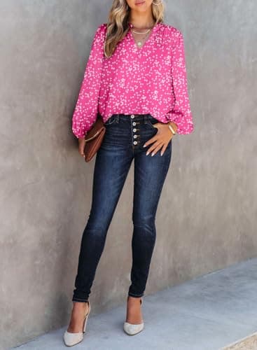 Dokotoo Womens Work Business Chiffon Blouses and Tops Loose Fit Dressy Alicia Floral Print V Neck Smocked Long Sleeve Shirts for Women Office Boho Top Trendy Pink Large - Image 4