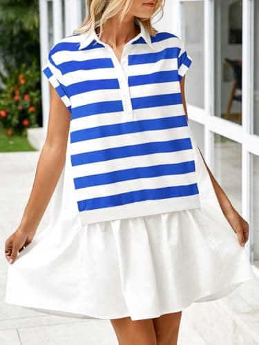 Fisoew Womens Summer Color Block Sweatshirt Dresses Short Sleeve V Neck Casual Oversized Patchwork Mini Dress - Image 5