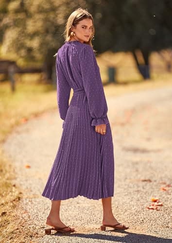 PRETTYGARDEN Women's 2025 Spring Fall Midi Dress Casual Long Sleeve V Neck Swiss Dot Pleated A Line Flowy Dresses (Dark Purple,Large) - Image 2