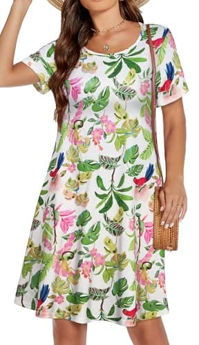 Summer Dresses for Women Pockets Short Sleeve Cotton Sundress Flowy Beach Plus Size Tunic Dress(Pink Green Leaves, L) - Image 5