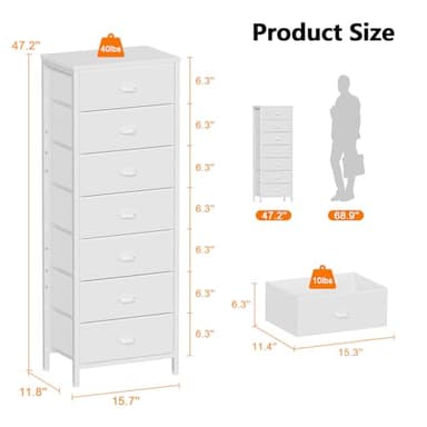 Furnulem White Tall Dresser for Bedroom with 7 Drawers, Vertical Chest of Drawer in Closet, Nightstand Storage Tower Unit Organizer with Fabric Bins for Dorm,Living Room,Entryway,Hallyway - Image 3