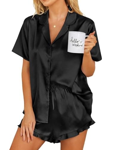 Ekouaer Womens Silk Pajamas Set Button Down 2 Piece Satin Pjs Shorts Set Ruffle Notch Collar Sleepwear Black M - Image 1