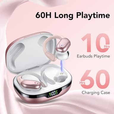 Ear buds Wireless Earbuds Bluetooth 5.3 Headphones 60hrs Playtime with Digital Display Sports Wireless Headphones with Earhook Deep Bass IPX7 Waterproof Over-Ear Earbuds for Android iOS Workout Rose - Image 3