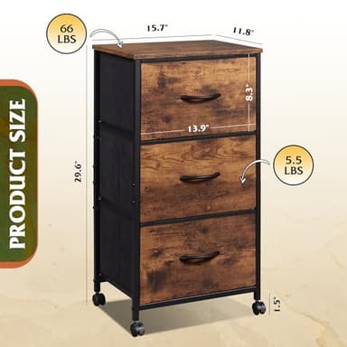 WLIVE Dresser with 3 Drawers, Fabric Nightstand, Cabinet with Wheels, Organizer Storage Dresser for Bedroom, Office, Closets, Sturdy Steel Frame, Easy Pull Handle, Rustic Brown Wood Grain Print - Image 3