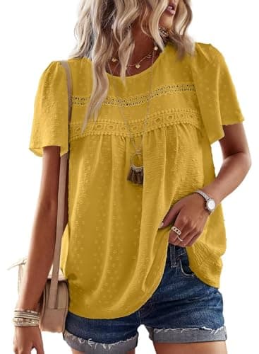 Falechay Tunic Tops to Wear with Leggings Bohemian Women's Tunic Tops Lace Crochet Yellow Shirts for Women Crew Neck Short Sleeve Women's Blouses L - Image 1
