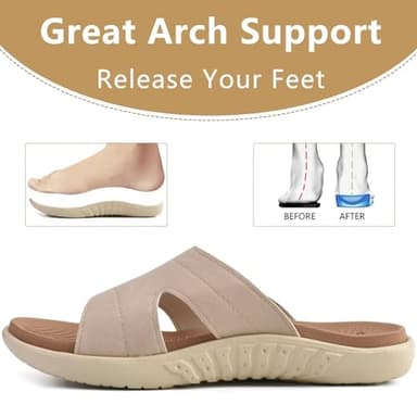 KuaiLu Womens Fashion Orthotic Slides Ladies Lightweight Athletic Yoga Mat Walking Sandals Slip On Thick Cushion Recovery Slippers Sandles Comfortable Plantar Fasciitis Arch Support Tan Beige Size 9 - Image 5