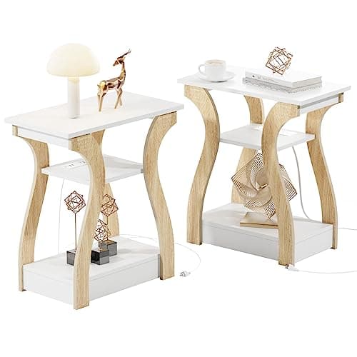 FROMJBEST End Table Set of 2 with Charging Station, Side Table with USB Ports and Outlets, Nightstand, 3 Tier End Table with Storage Shelf for Living Room, Bedroom (White Set of 2) - Image 1