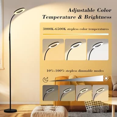 homakee LED Floor Lamp, 12W/1000LM Reading Light, 3 Color Temperatures Bright Floor Lamp, Adjustable Gooseneck Standing Lamp with Remote & Touch Control for Living Room, Bedroom, Office(Black) - Image 2