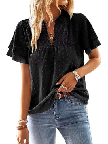 Falechay Womens Tops Summer Blouses for Women 2025 Swiss Dot Butterfly Sleeve Short Sleeves Boho Shirts Black XL - Image 1