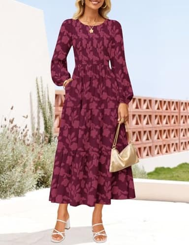 ZESICA Women's Fall Boho Floral Midi Dress 2025 Casual Long Sleeve Crewneck Flowy Wedding Guest Long Dresses,Wine,Medium - Image 9
