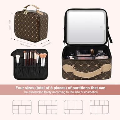 Travel Makeup Bag With 360° rotating LED Mirror,Waterproof cosmetic organizer,Portability Cosmetic case,Makeup organizer,Gift for Women,Girls Gift (Brown) - Image 3