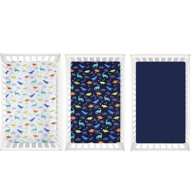 PHF 3 Pack Soft Dinosaur Crib Sheets Fitted, Comfy Breathable Baby Sheets for Boys Girls, 28x52 Inches Fits Standard Crib and Toddler Mattresses, Navy Dinosaur - Image 7