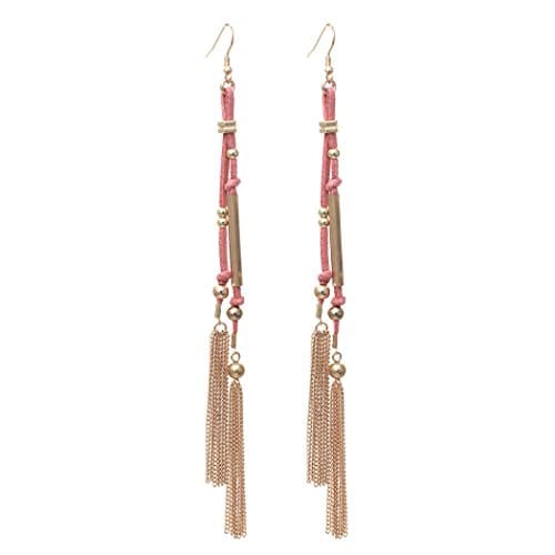 Rosemarie Collections Women's Boho Chic Colorful Vegan Suede With Chain Link Fringe Tassel Extra Long Statement Making Shoulder Duster Dangle Earrings, 7" (Pink) - Image 1