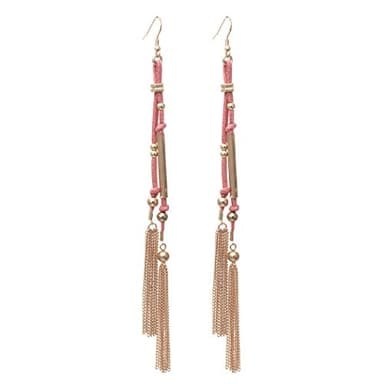 Rosemarie Collections Women's Boho Chic Colorful Vegan Suede With Chain Link Fringe Tassel Extra Long Statement Making Shoulder Duster Dangle Earrings, 7" (Pink) - Image 1