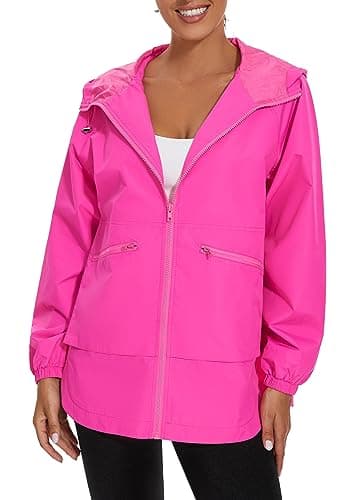 PESION Women's Waterproof Raincoat Lightweight Rain Jacket Trench Coat Hooded Windbreaker With Pockets for Outdoor, Hot Pink, Small - Image 4
