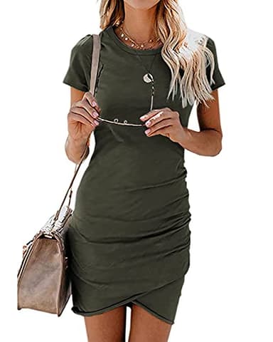 BTFBM Women's 2025 Summer Casual Beach Dresses Crew Neck Short Sleeve Wrap Party Club Mini Ruched Bodycon T Shirt Dress(Solid Army Green, Medium) - Image 1