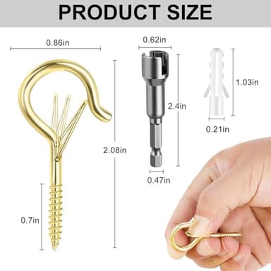 FSAH 48 PCS Q-Hanger Hooks, Screw Hooks for Outdoor String Lights, Safety Buckle Design Cup Eye Hook for Hanging Christmas Lights, Plants, Mounted on Wall Ceiling, Include 1 Wing Nut Driver, Gold - Image 4