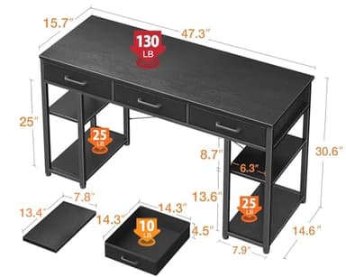 ODK Office Small Computer Desk: Home Table with Fabric Drawers & Storage Shelves, Modern Writing Desk, Black, 48"x16" - Image 3