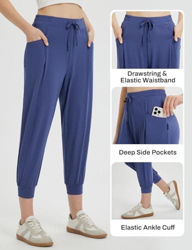 BALEAF Women's Petite Joggers Capri Sweatpants Drawstring Track Pants Travel Lounge Cropped Pants with Pockets Navy Blue M - Image 3