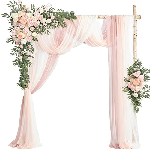 Ling's Moment Deluxe Pink Artificial Wedding Arch Flowers with Drapes Kit-Pack of 5, 2pcs Flower Arrangements 3pcs Hanging Sheer Drapes Blush Ceremony Arbor Reception Backdrop Rose Floral Decorations - Image 1