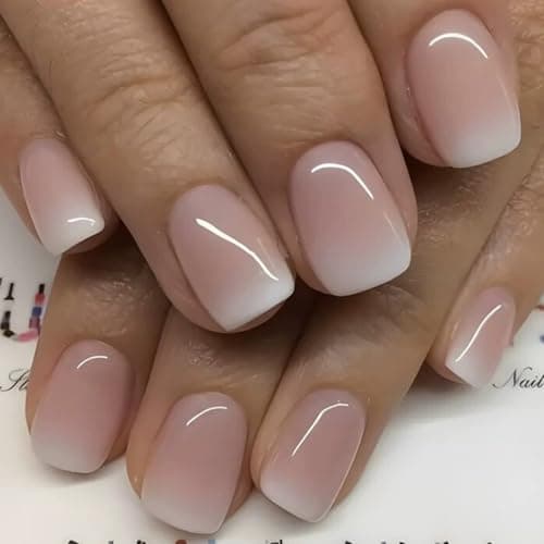 Short Square Press on Nails French Fake Nails Ombre Acrylic Nails Press on Full Cover Glossy Glue on Nails Artificial Stick on Nail for Women Manicure Decoration 24PCS - Image 1
