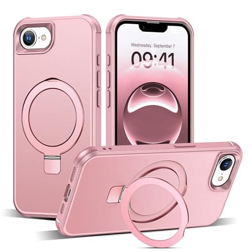 SKYLMW Compatible with iPhone 16E Case with Invisible Magnetic O-Ring Stand Military-Grade Case for iPhone 16E 6.1" 2025 [Compatible with Mag-Safe][Great Grip Feeling], Rose Gold - Image 1