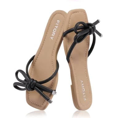 FITORY Women's Flat Sandals Square Open Toe Thong with Cute Knot for Summer Size 7 Black - Image 4