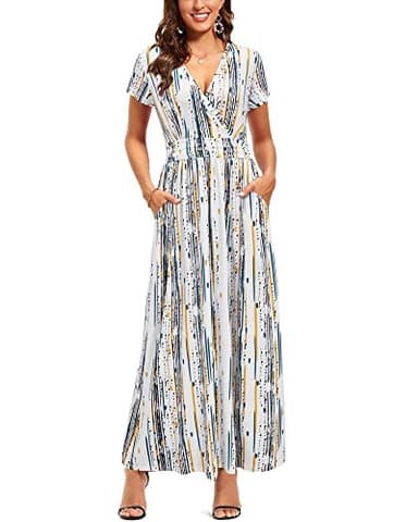 OUGES Women's V-Neck Pattern Pocket Maxi Long Dress Casual Maternity Nursing Dress(Floral-44,L) - Image 1