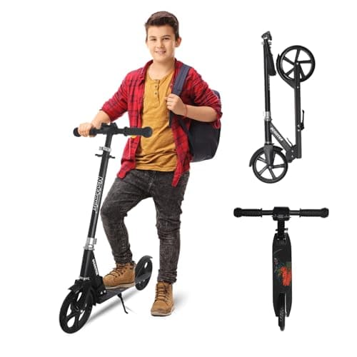 Nattork Scooter for Kids 8-12, Teens and Adults- Adjustable Height Folding Kick Scooter with Large Sturdy Wheels for a Smooth Ride, Lightweight, Anti-Shock Suspension for Boys and Girls-Black - Image 1