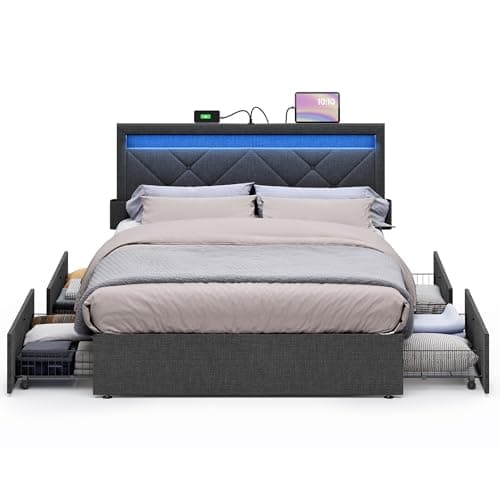 VASAGLE LED Bed Frame Full Size, Full Bed with Headboard and 4 Drawers, 1 USB Port and 1 Type C Port, Adjustable Upholstered Headboard 37.1/39.6 Inches, No Box Spring Needed, Dark Gray URMB822G71 - Image 1