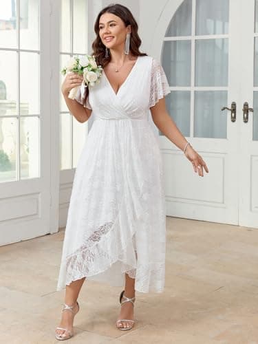 SCOMCHIC Womens Plus Size Wedding Guest Dress Formal Lace Wrap V Neck High Low Short Sleeve Cocktail Maxi Dresses XL-4XL White - Image 6