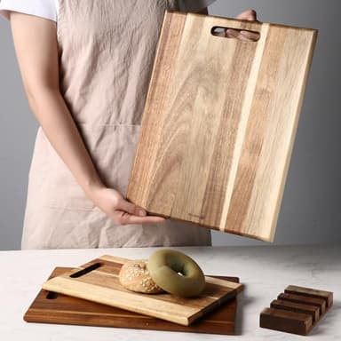 YUSOTAN 3-piece Acacia Wood Cutting Board Set for Kitchen, Large Wooden Cutting Board Set with Handle, Thick Chopping Board, Butcher Block Wooden Trays for Meat, Fruit Vegetable and Cheese - Image 4